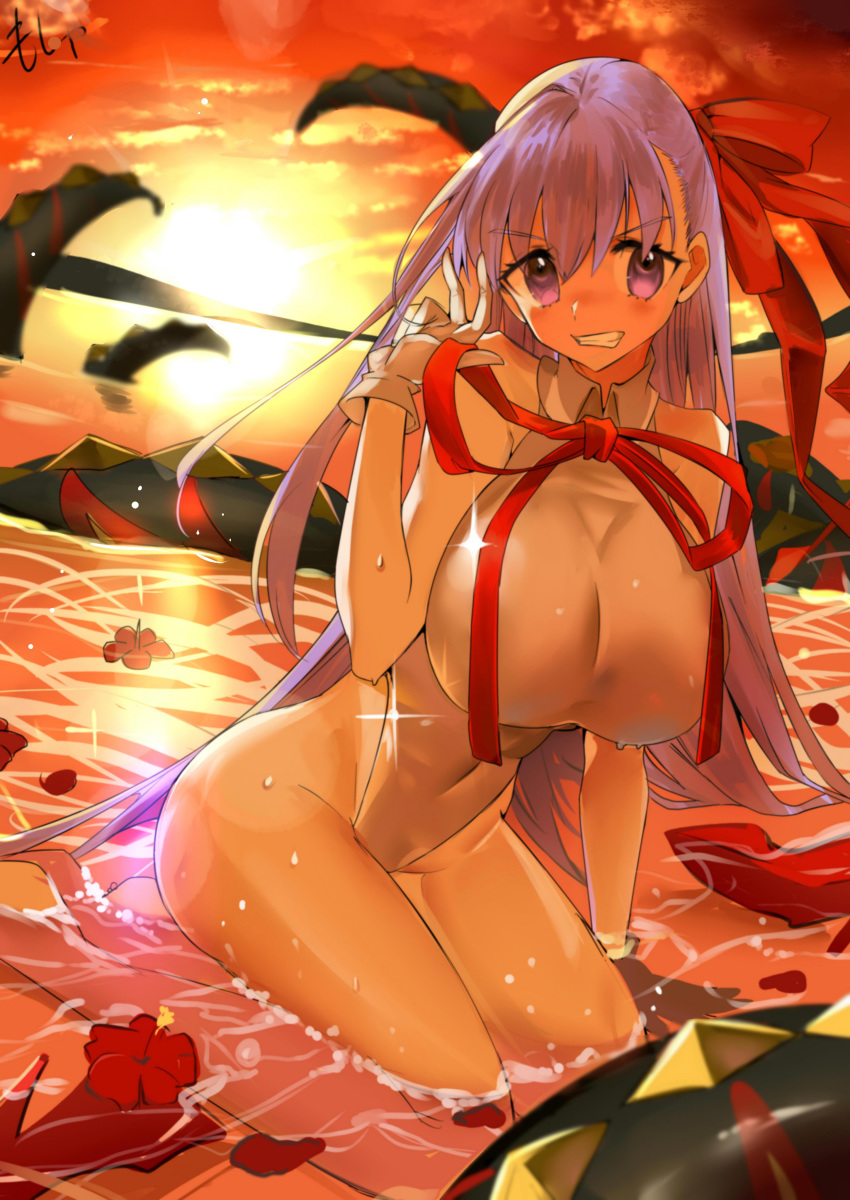 1girl absurdres baba_(baba_seimaijo) bangs bare_shoulders bb_(fate)_(all) bb_(swimsuit_mooncancer)_(fate) breasts commentary_request covered_navel eyebrows_visible_through_hair fate/grand_order fate_(series) flower_on_liquid gloves grin hair_between_eyes hair_ribbon highleg highleg_leotard highres large_breasts leotard long_hair looking_at_viewer neck_ribbon petals petals_on_liquid purple_eyes purple_hair red_ribbon ribbon seiza shallow_water sitting smile solo sunset very_long_hair water white_gloves white_leotard