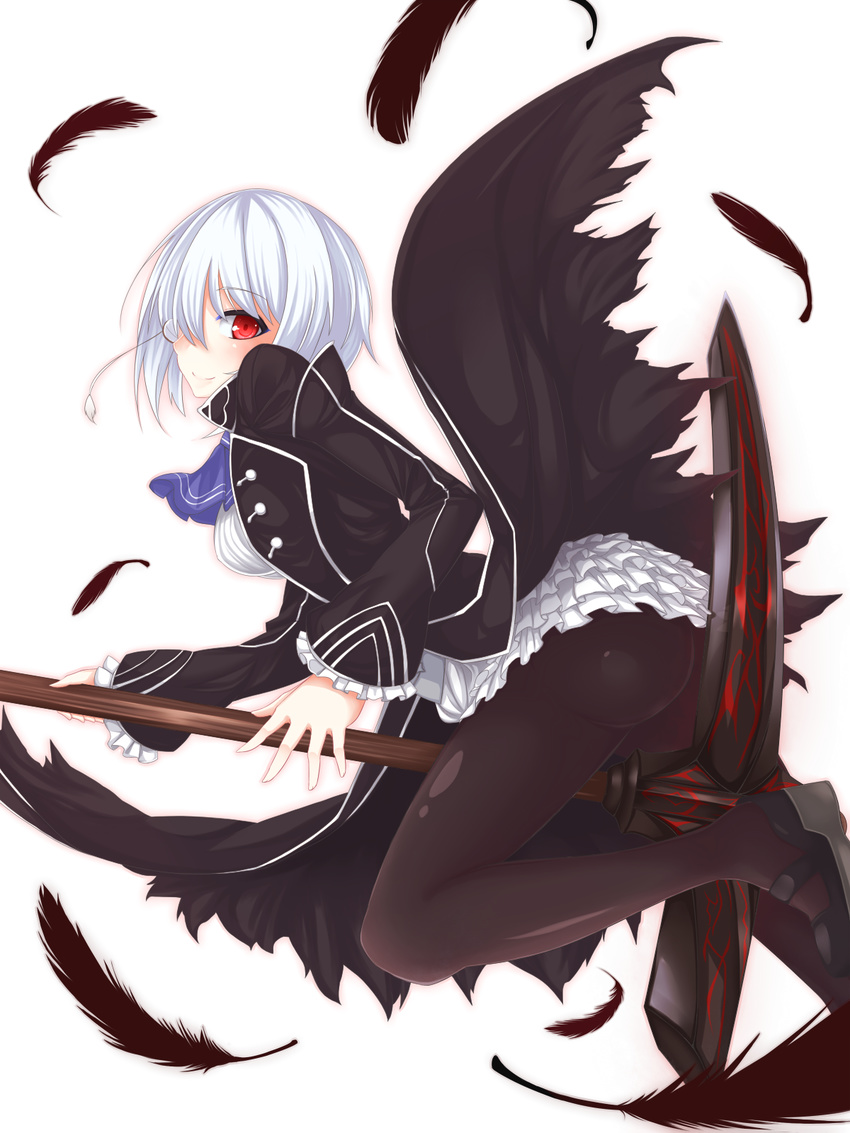 ascot ass between_legs black_legwear blush coat dress feathers frilled_dress frilled_sleeves frills hair_over_one_eye highres holding holding_weapon huge_weapon ice_axe ice_axe_(ole_tower) long_sleeves looking_at_viewer mary_janes miiiiiiimu monocle ole_tower pantyhose red_eyes shoes short_dress short_hair simple_background smile solo weapon white_background white_dress white_hair