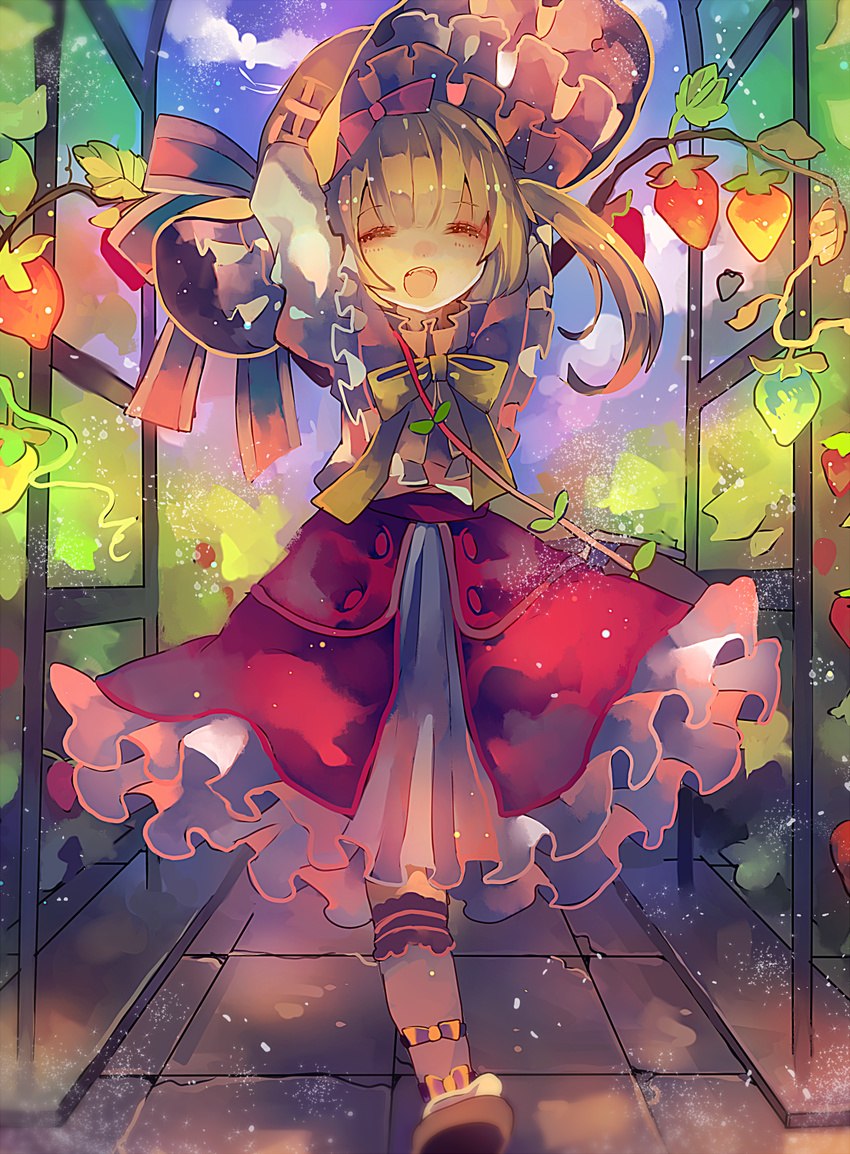 adapted_costume blonde_hair cha_goma flandre_scarlet food fruit hat highres sash side_ponytail smile solo strawberry touhou wings