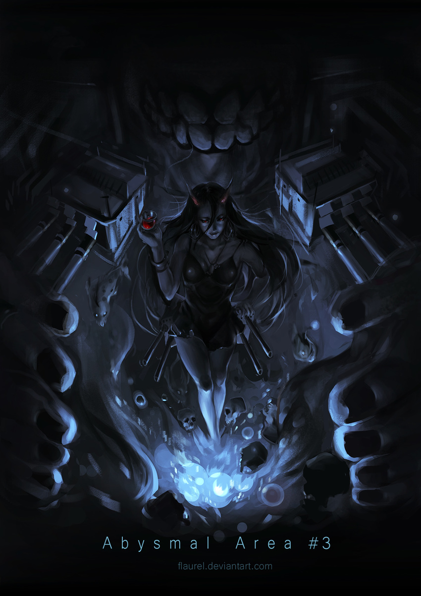 battleship_hime black_dress black_hair breasts cannon collarbone cup cupping_glass dark dress drinking_glass flaurel highres horns jewelry kantai_collection large_breasts long_hair looking_at_viewer monochrome necklace oni_horns pale_skin red_eyes shinkaisei-kan short_dress skull solo spaghetti_strap spot_color turret very_long_hair watermark web_address wine_glass