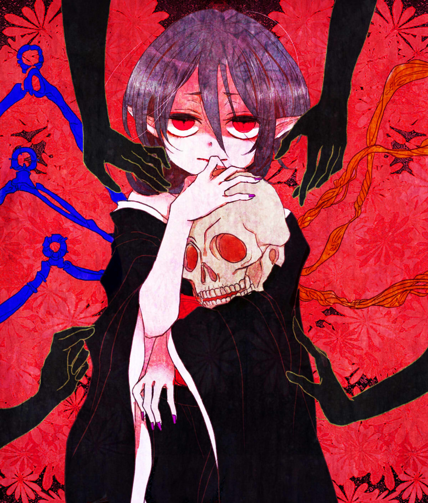 alternate_costume asymmetrical_hair asymmetrical_wings bad_id bad_pixiv_id black_dress black_hair dress hands highres houjuu_nue japanese_clothes kimono long_sleeves looking_at_viewer nail_polish obi off_shoulder pointy_ears red_background red_eyes sash shimana_(cs-ts-az) short_hair simple_background skull solo touhou wide_sleeves wings