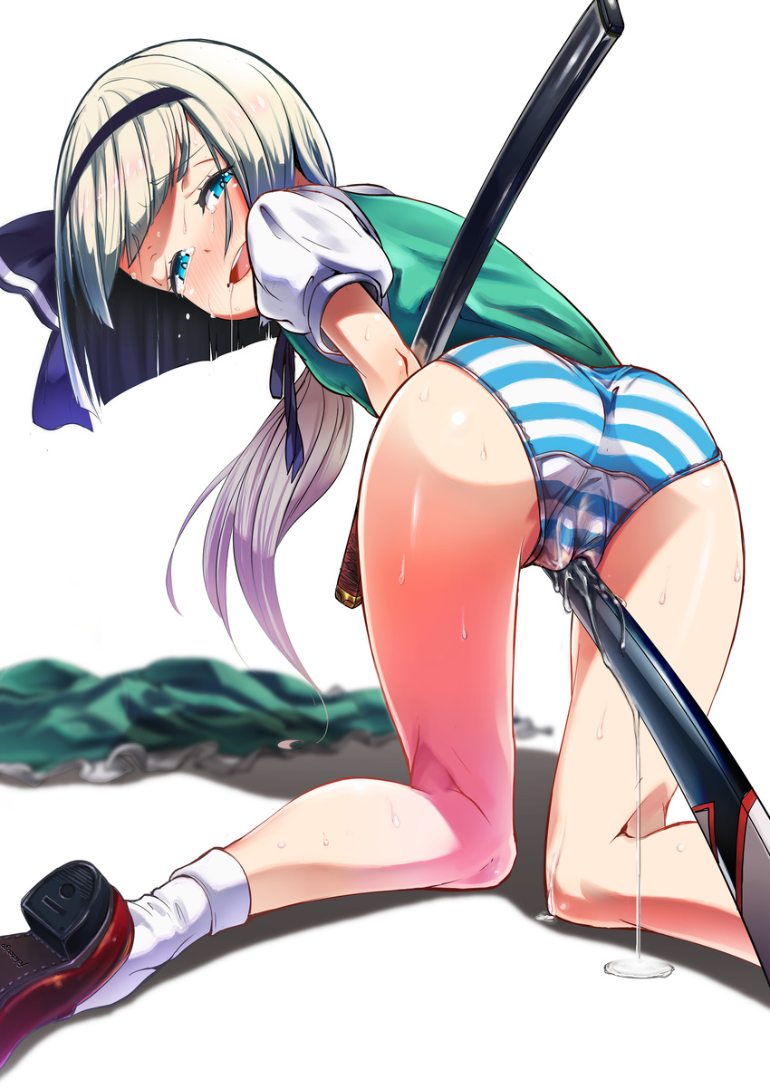 absurdres ass bad_id bad_pixiv_id cameltoe crotch_rub fukurou_(suga0930) highres kneeling konpaku_youmu looking_at_viewer looking_back masturbation open_mouth panties pussy_juice pussy_juice_drip_through_clothes pussy_juice_puddle pussy_juice_trail saliva scabbard sheath skirt skirt_removed smile solo striped striped_panties sweat sword tears touhou underwear weapon wet wet_clothes wet_panties