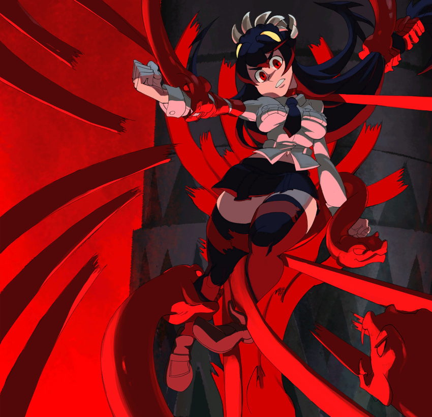 1girl alex_ahad angry bdsm black_legwear blood bondage bound breasts clenched_hand curvy extra_mouth female filia_(skullgirls) futakuchi-onna grabbing highres imminent_rape impossible_clothes impossible_shirt loafers medium_breasts miniskirt navel necktie official_art panties parasite red_eyes restrained samson_(skullgirls) school_uniform sharp_teeth shirt shoes skirt skullgirls snake solo spoilers suspension teeth tentacle thick_thighs thighhighs thighs underwear white_panties wide_hips wrist_cuffs yellow_eyes you_gonna_get_raped