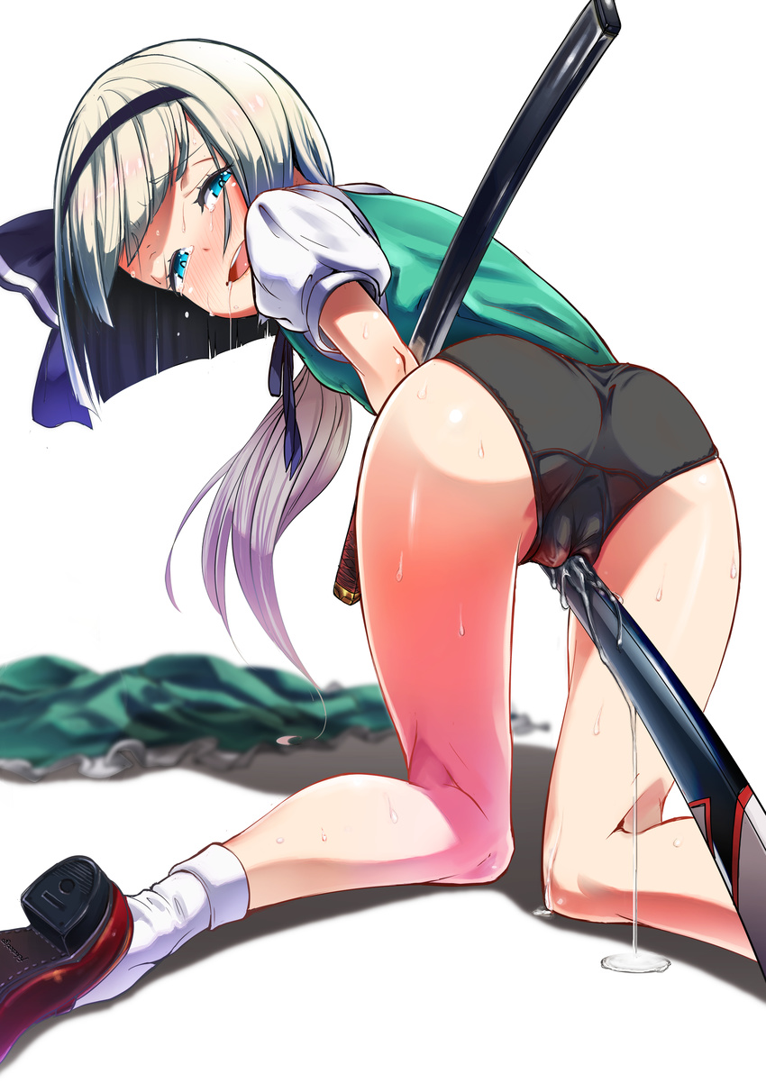 absurdres ass bad_id bad_pixiv_id black_panties cameltoe crotch_rub fukurou_(suga0930) highres kneeling konpaku_youmu looking_at_viewer looking_back masturbation open_mouth panties pussy_juice pussy_juice_drip_through_clothes pussy_juice_puddle pussy_juice_trail saliva scabbard sheath skirt skirt_removed smile solo sweat sword tears touhou underwear weapon wet wet_clothes wet_panties