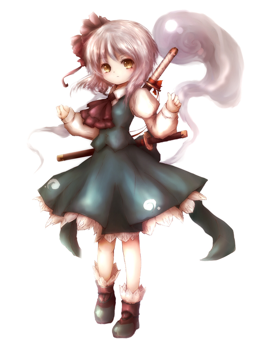 alternate_eye_color amanojaku ascot bad_id bad_pixiv_id bow curiosities_of_lotus_asia hair_ribbon hairband highres hitodama juliet_sleeves katana konpaku_youmu konpaku_youmu_(ghost) long_sleeves puffy_sleeves revision ribbon shirt short_hair silver_hair skirt skirt_set solo sword touhou vest weapon white_background yellow_eyes