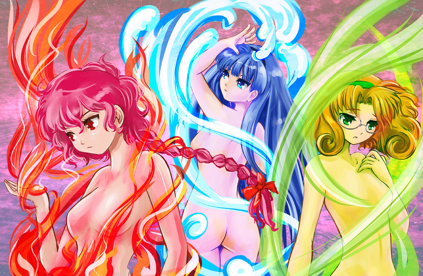 arm_up ass blue_eyes blue_hair braid brown_hair fire glasses green_eyes hairband henshin hououji_fuu long_hair magic_knight_rayearth multiple_girls nude red_eyes red_hair round_eyewear ryuuzaki_umi shidou_hikaru short_hair single_braid transformation water wind yamasan_(hachiman)