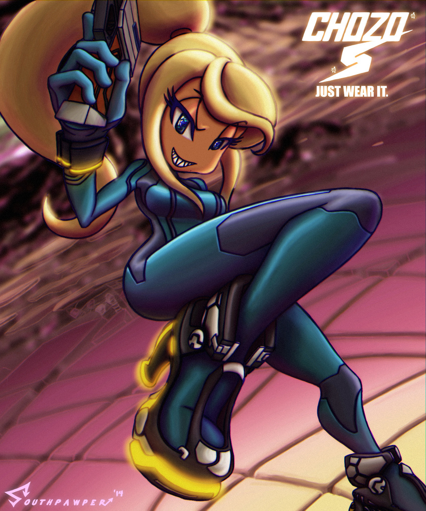 1girl alex_ahad_(style) artist_name bangs blonde_hair blue_eyes breasts female glowing grin gun high_heels medium_breasts metroid nintendo payot ponytail samus_aran sharp_teeth solo southpawper style_parody super_smash_bros. weapon zero_suit