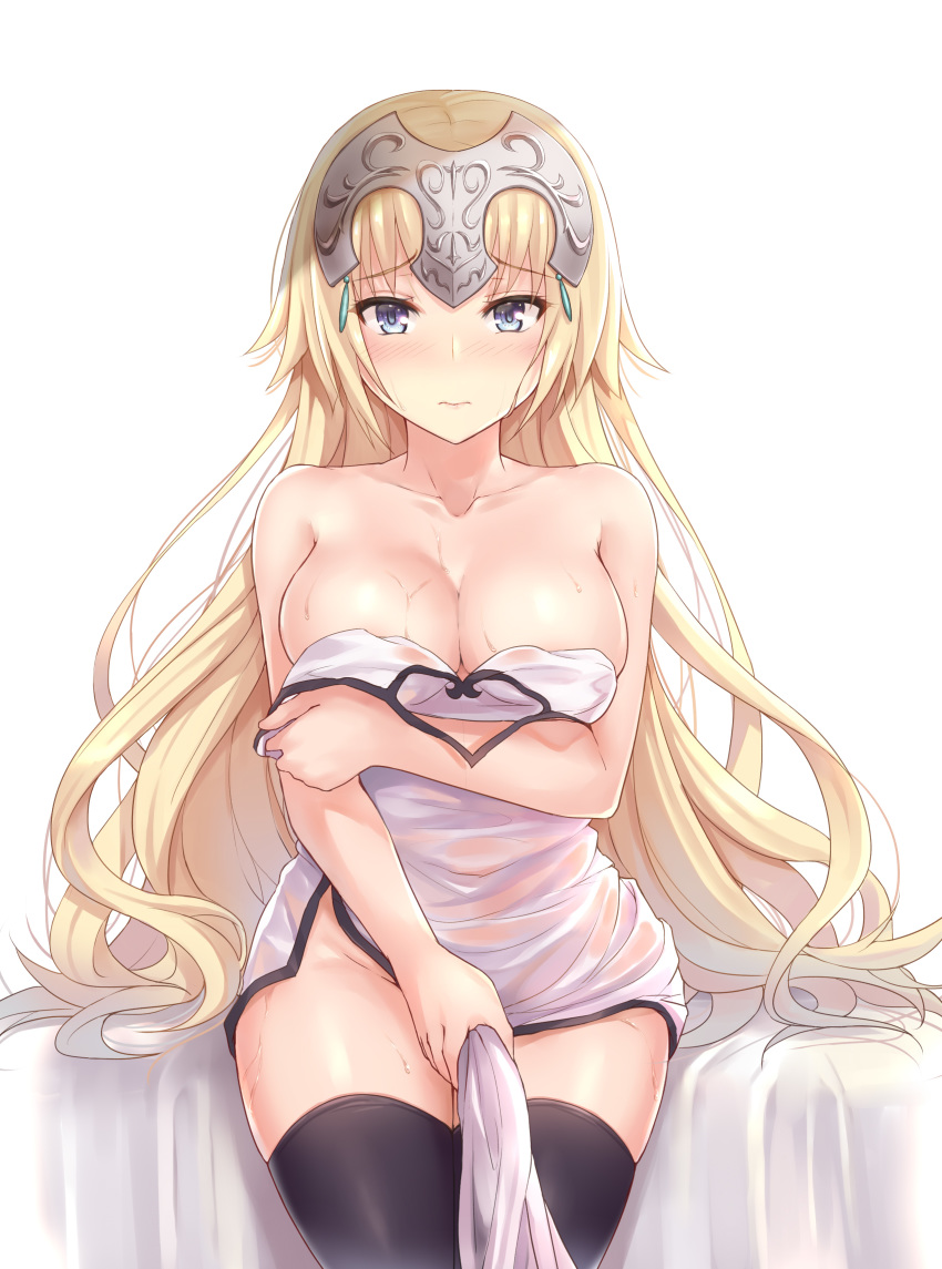 1girl absurdres ahoge bangs bare_shoulders blonde_hair blush breasts cleavage collarbone dress dress_pull embarrassed eyebrows_visible_through_hair fate/grand_order fate_(series) groin headpiece highres jeanne_d'arc_(fate)_(all) large_breasts long_hair looking_at_viewer no_panties pelvic_curtain purple_eyes sitting solo sweat thighhighs very_long_hair white_dress yuemanhuaikong