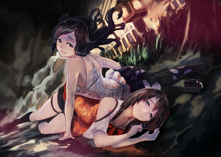 arm_support bigegg black_hair black_legwear brown_eyes brown_hair camera fatal_frame fatal_frame_5 grey_eyes highres hinasaki_miu kozukata_yuuri long_hair lying multiple_girls on_side rain sleeveless socks thigh_strap thighhighs torn_clothes torn_legwear wet wet_clothes