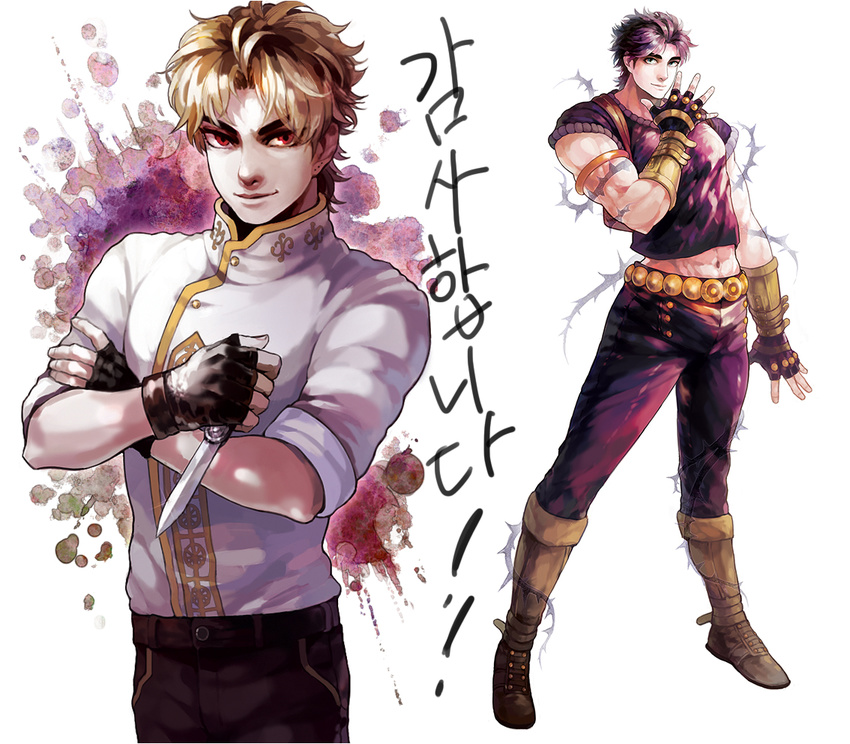 blonde_hair dio_brando fingerless_gloves gloves jojo_no_kimyou_na_bouken jonathan_joestar multiple_boys muscle purple_hair red_eyes sb_(hiratsei)