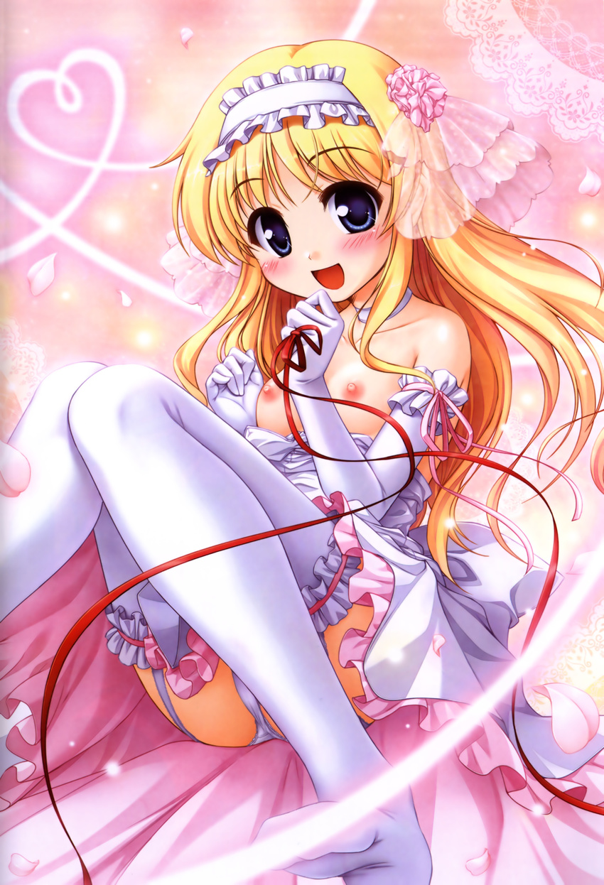 :d absurdres bekkankou blonde_hair blue_eyes breasts daitoshokan_no_hitsujikai dress dress_pull elbow_gloves garter_straps gloves headband heart highres long_hair nipples open_mouth panties pantyshot ribbon small_breasts smile solo suzuki_kana thighhighs underwear wedding_dress white_gloves white_legwear white_panties