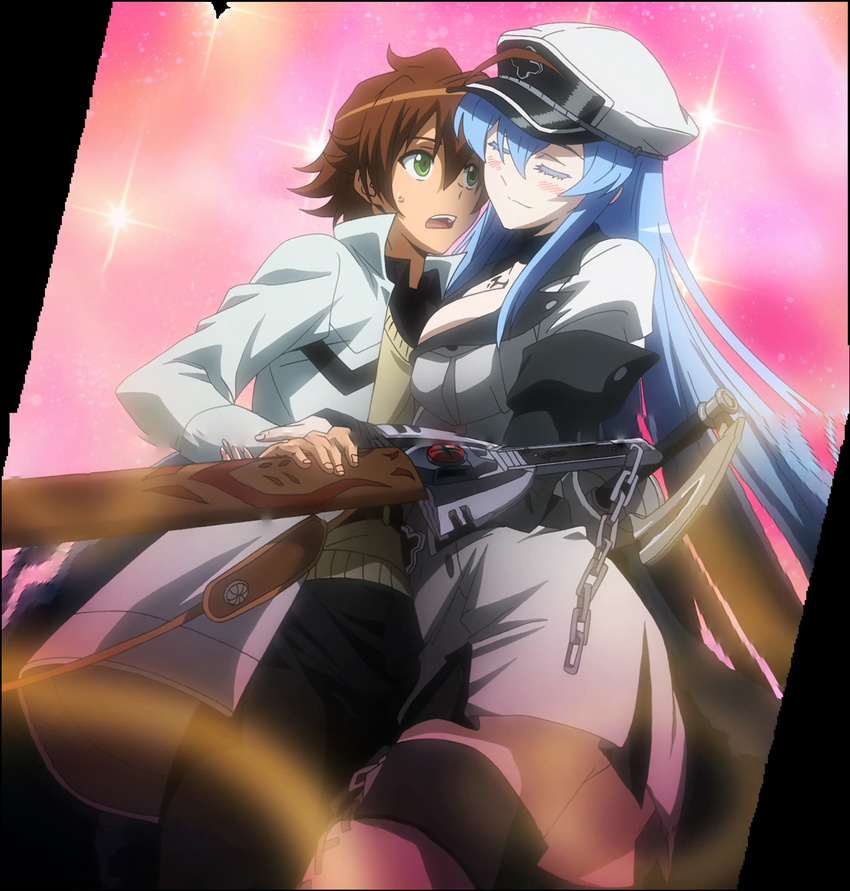 1boy 1girl akame_ga_kill! blue_hair blush breasts brown_hair colored_eyelashes esdeath esdese eyes_closed green_eyes hat highres large_breasts long_hair smile square_enix stitched tatsumi_(akame_ga_kill!) tattoo uniform