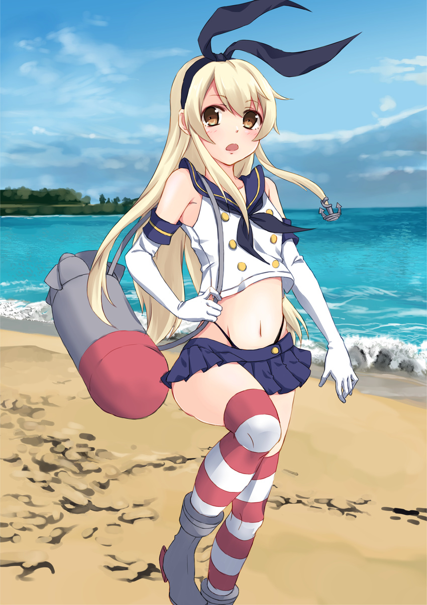absurdres anchor_hair_ornament bad_id bad_pixiv_id beach blonde_hair brown_eyes crop_top crop_top_overhang day elbow_gloves gloves hair_ornament highres kantai_collection long_hair meiki midriff navel open_mouth shimakaze_(kantai_collection) skirt solo thighhighs