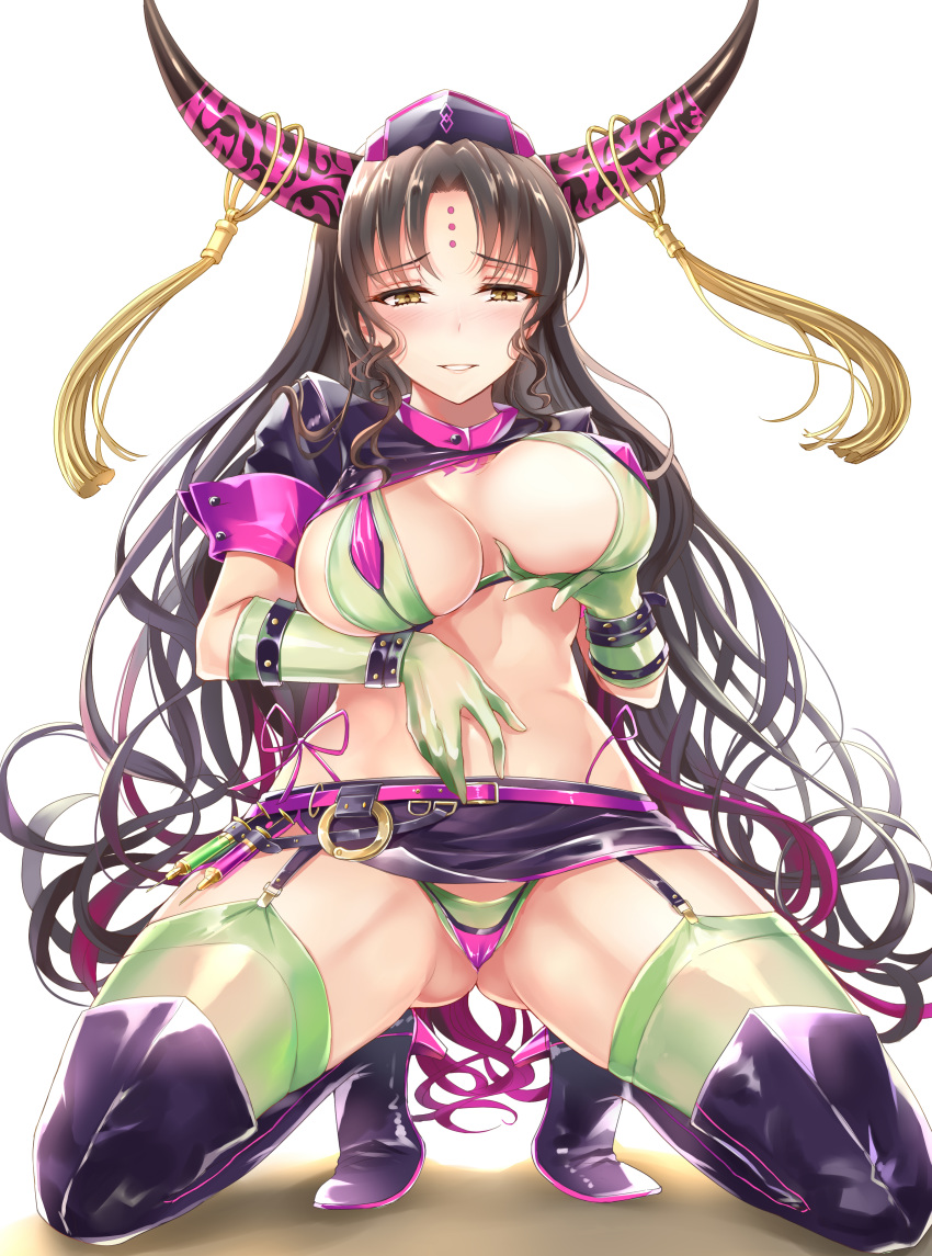 1girl absurdres bangs black_hair blush breasts facial_mark fate/extra fate/extra_ccc fate/grand_order fate_(series) forehead_mark highres horns large_breasts long_hair looking_at_viewer revealing_clothes sesshouin_kiara simple_background smile solo wavy_hair white_background yellow_eyes yuemanhuaikong