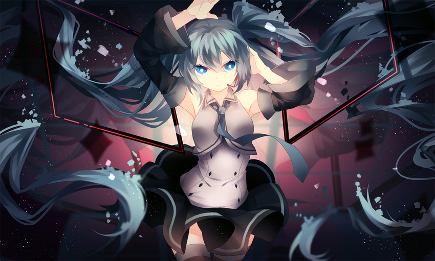 absurdly_long_hair aqua_hair arms_up bad_id bad_pixiv_id blue_eyes detached_sleeves floating_hair hatsune_miku headset long_hair necktie shouen_kigashi skirt solo thighhighs twintails very_long_hair vocaloid