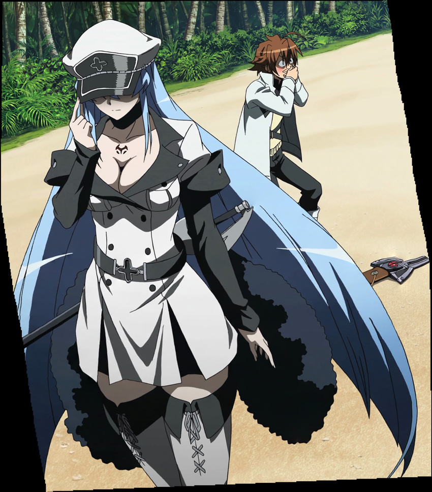 1boy 1girl akame_ga_kill! beach blue_hair breasts brown_hair esdeath esdese hat highres large_breasts long_hair square_enix standing stitched tatsumi_(akame_ga_kill!) uniform