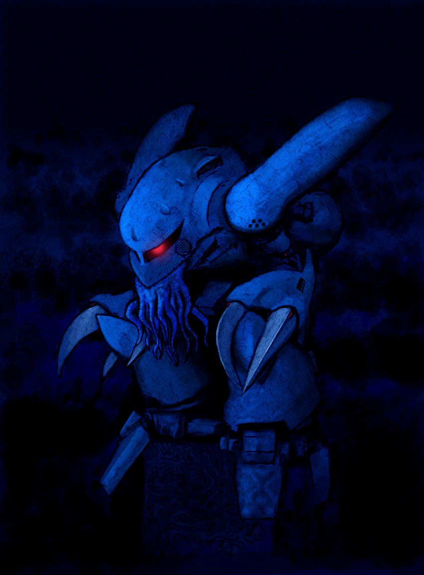 cthulhu gundam gundam_0080 highres hygogg mecha monochrome no_humans parody solo spot_color