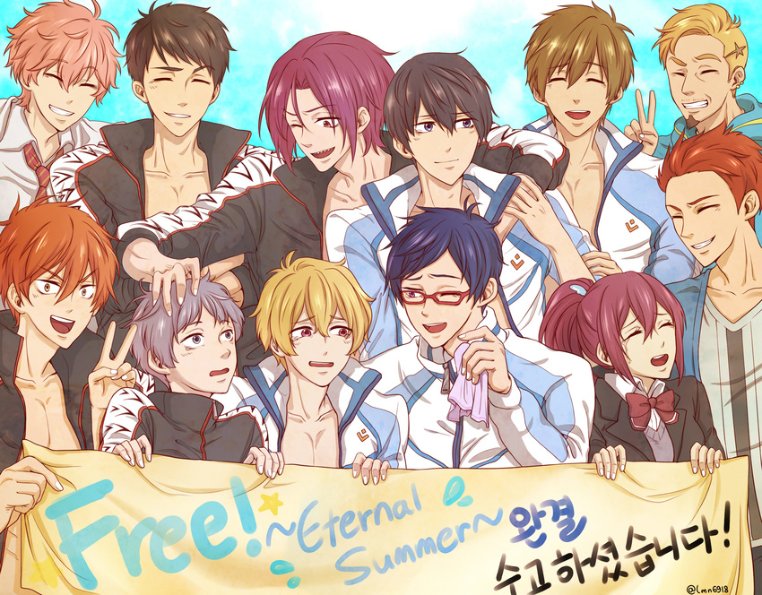 6+boys absurdres amakata_miho bad_id bad_pixiv_id black_hair blue_eyes blush brown_hair closed_eyes copyright_name earrings everyone free! grey_hair hazuki_nagisa highres jewelry korean lmn6918 long_hair matsuoka_gou matsuoka_rin mikoshiba_momotarou mikoshiba_seijuurou multiple_boys nanase_haruka_(free!) nitori_aiichirou open_mouth orange_hair pink_hair ponytail red_eyes red_hair ryuugazaki_rei sasabe_gorou sharp_teeth shigino_kisumi short_hair smile tachibana_makoto tears teeth v yamazaki_sousuke yellow_eyes