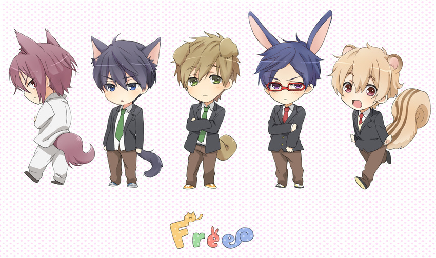 animal_ears black_hair blonde_hair blue_eyes blush brown_hair bunny_ears bunnyboy cat_ears cat_tail catboy chabu_(zakuroni) chibi copyright_name dog_ears dog_tail dogboy free! full_body glasses green_eyes hazuki_nagisa male_focus matsuoka_rin multiple_boys nanase_haruka_(free!) open_mouth red-framed_eyewear red_eyes red_hair ryuugazaki_rei smile squirrel_boy squirrel_ears squirrel_tail tachibana_makoto tail wolf_boy wolf_ears wolf_tail