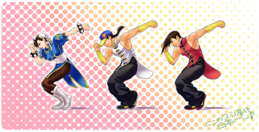 2boys baggy_pants baseball_cap boots bracelet braid bridal_gauntlets brothers brown_hair cap capcom chinese_clothes chun-li clenched_hand dancing f-15jrs fist gradient gradient_background hair_ornament hat jewelry multiple_boys pants pantyhose polka_dot polka_dot_background puffy_short_sleeves puffy_sleeves shoes short_sleeves siblings single_braid sneakers spiked_hair street_fighter street_fighter_iii studded_bracelet sweatdrop trio twins white_boots yang_lee yun_lee