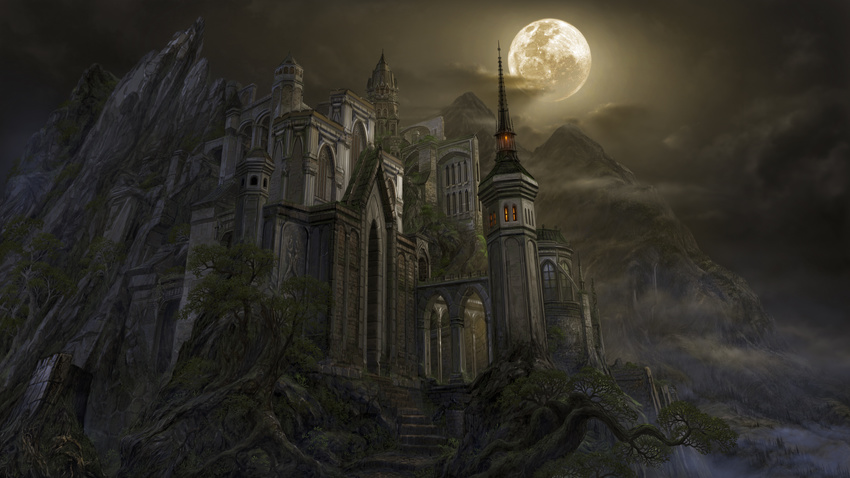 arch castle cloud full_moon highres landscape moon moss mountain night no_humans outdoors outside scenery stairs uchio_kazumasa