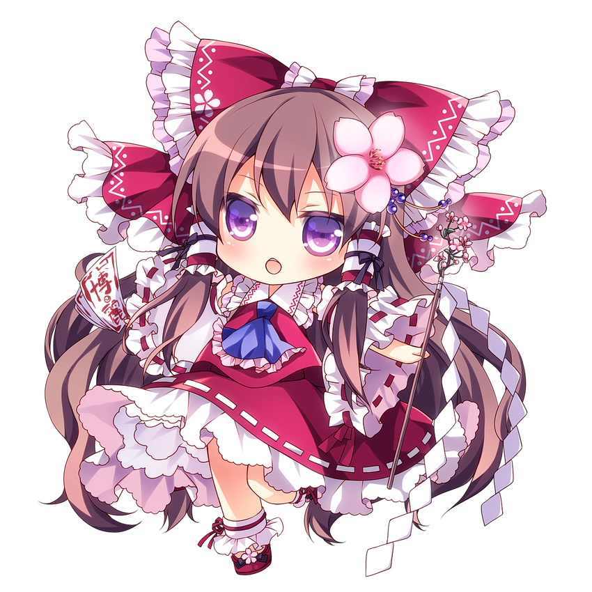 ascot bad_id bad_pixiv_id bow brown_hair chibi flower gohei hair_bow hair_flower hair_ornament hair_tubes hakurei_reimu highres mikazuki_sara open_mouth purple_eyes shirt skirt skirt_set solo spell_card touhou