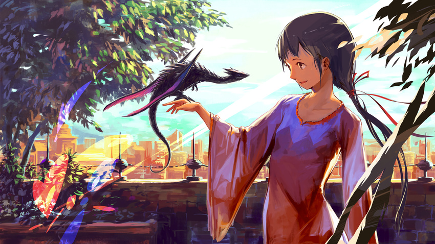 apartment black_hair brown_hair building cityscape cloud cloudy_sky collarbone day dragon dress light_rays long_hair long_sleeves noske open_mouth original plant ponytail sky sunlight town tree wide_sleeves