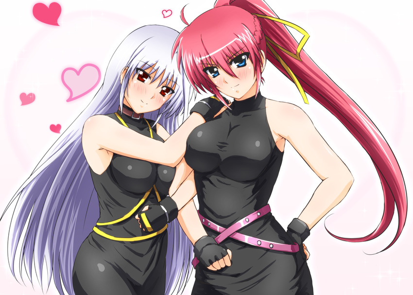 ahoge bare_shoulders belt blue_eyes blush breasts buckle collar diesel-turbo fingerless_gloves gloves hair_ribbon heart large_breasts locked_arms long_hair lyrical_nanoha mahou_shoujo_lyrical_nanoha mahou_shoujo_lyrical_nanoha_a's multiple_girls pink_hair ponytail red_eyes reinforce ribbon signum silver_hair smile