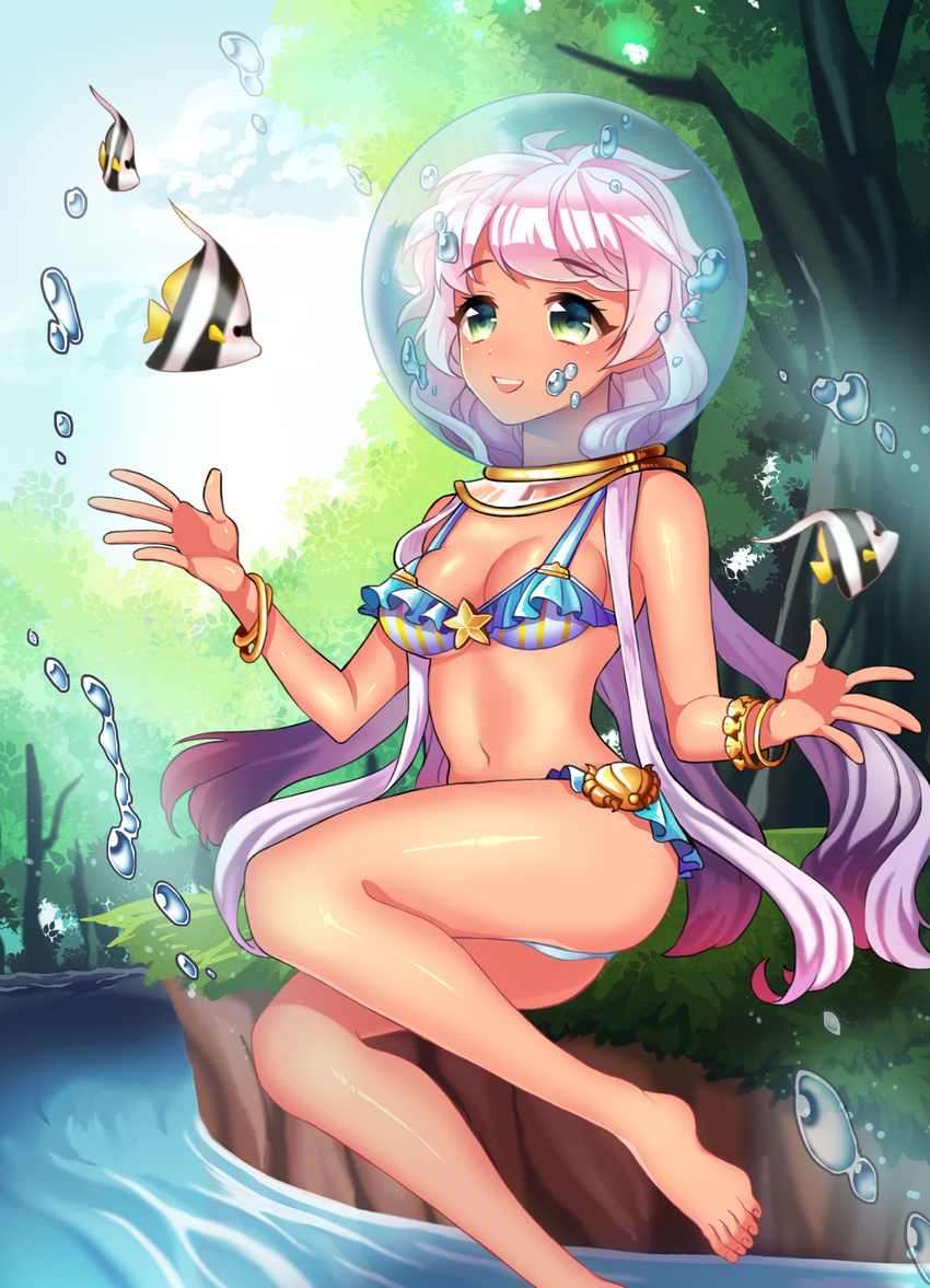 angelfish barefoot bikini bubble green_eyes helmet highres long_hair navel original pink_hair purple_hair river ryeonghwa sitting smile solo striped striped_bikini swimsuit tree very_long_hair