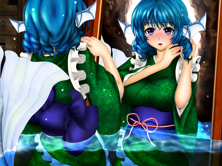 animal_ears blue_eyes blue_hair blush bubble cave curly_hair drawer floral_print full-face_blush hand_on_own_head head_fins indoors japanese_clothes kimono lips lipstick long_sleeves looking_at_mirror makeup mermaid mirror monster_girl obi parted_lips partially_submerged red_lipstick redoredo_(godprogress) sash short_hair touhou wakasagihime water wet wet_clothes wide_sleeves