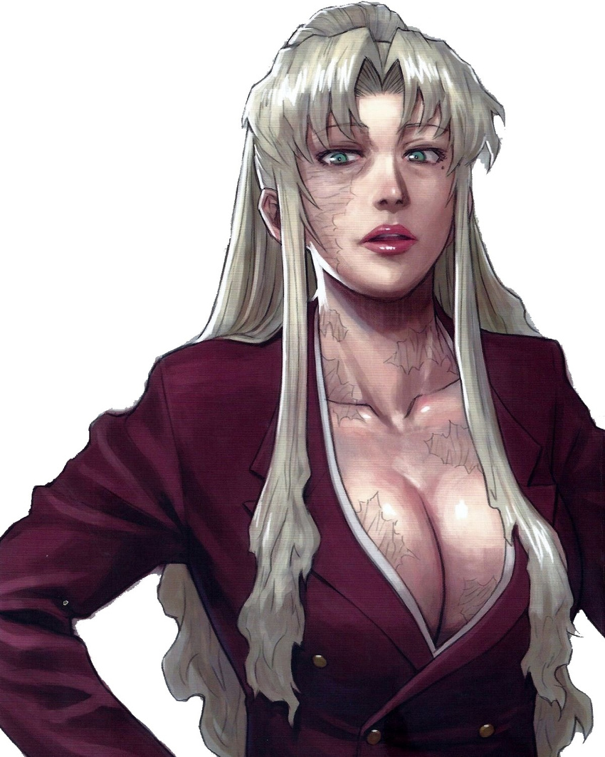 1girl azasuke balalaika balalaika_(black_lagoon) black_lagoon breasts large_breasts looking_at_viewer scar solo standing white_background