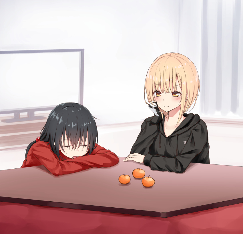 2girls arm_rest bangs black_hair black_hoodie blonde_hair blush closed_mouth curtains drawstring eyebrows_visible_through_hair eyes_closed food fruit hair_between_eyes hand_up highres hood hood_down hoodie indoors kotatsu long_hair long_sleeves looking_at_another low-tied_long_hair mandarin_orange multiple_girls open_mouth original piripun prosthesis prosthetic_arm red_sweater short_hair sidelocks sleeping smile sweater table television yellow_eyes