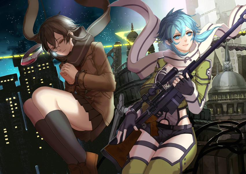 anti-materiel_rifle aqua_eyes aqua_hair asada_shino black_hair blue_eyes blue_hair citemer cityscape closed_eyes dual_persona fingerless_gloves gloves gun multiple_girls pgm_hecate_ii rifle scarf school_uniform short_hair sinon sniper_rifle sniper_scope sword_art_online weapon