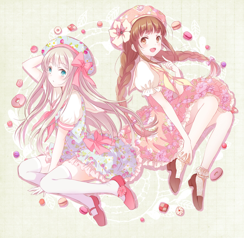 :d beret blush bow braid brown_hair checkerboard_cookie commentary cookie doughnut dress floral_print flower food hair_flower hair_ornament hat long_hair macaron mary_janes multiple_girls open_mouth original print_dress print_hat shoes smile sweets thighhighs twin_braids very_long_hair white_legwear yatomi