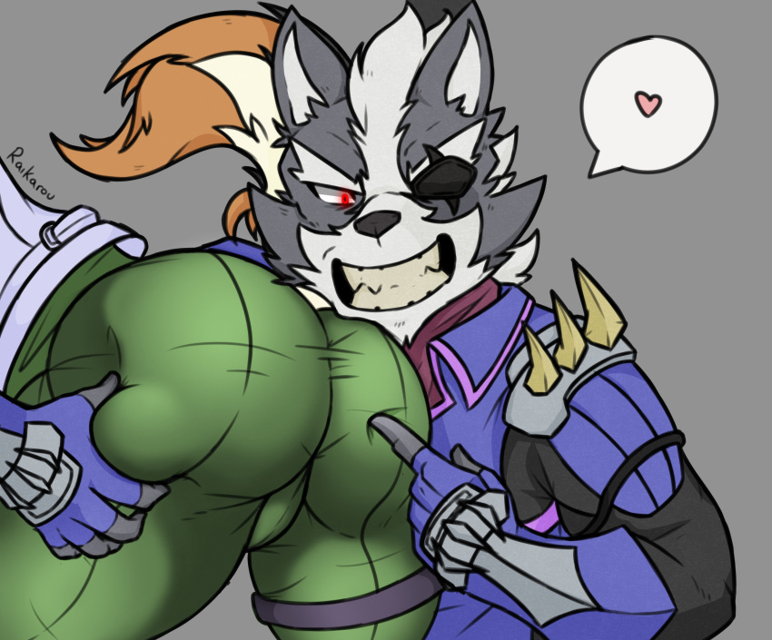 &lt;3 anthro butt butt_grab canine clothed clothing duo fox fox_mccloud fully_clothed grope hand_on_butt male male/male mammal muscular muscular_male nintendo red_eyes smile star_fox summercometz video_games wolf wolf_o'donnell