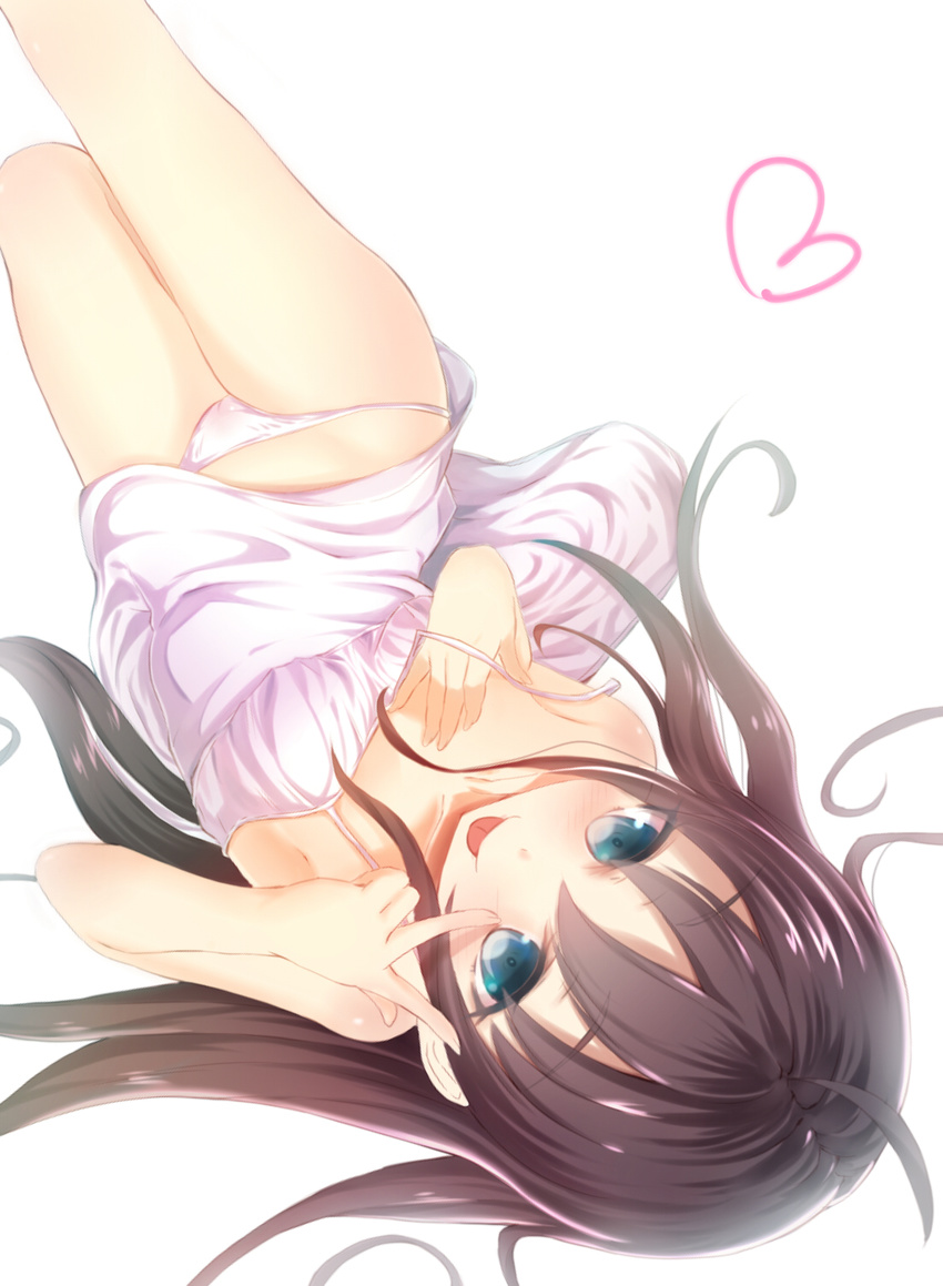 :p ahoge akanbe aqua_eyes bare_shoulders black_hair dress erio_patrol hand_on_own_chest heart highres legs long_hair looking_at_viewer original panties pantyshot solo tongue tongue_out underwear upside-down very_long_hair white_background white_dress
