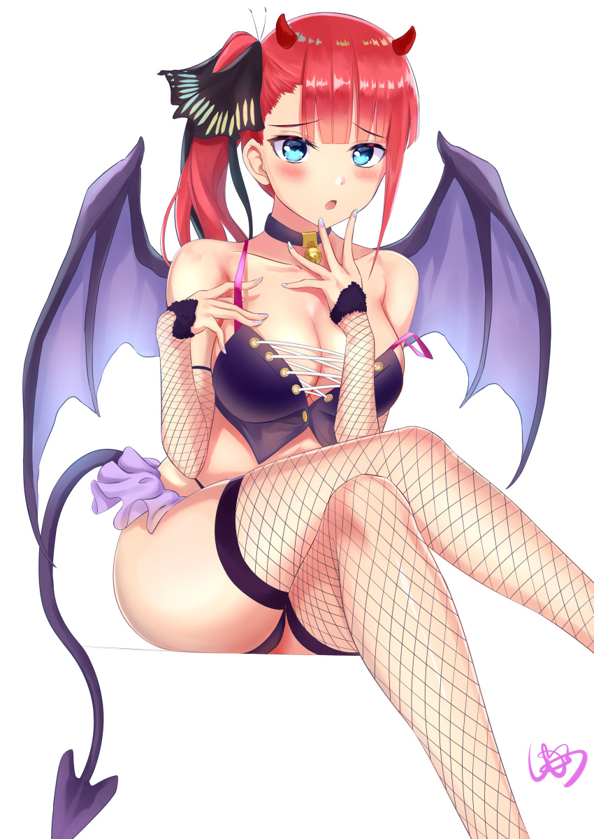 1girl :o absurdres bangs bare_shoulders bell bell_choker black_choker blue_eyes blue_nails blunt_bangs blush breasts butterfly_hair_ornament choker cleavage collarbone commentary_request crop_top cross-laced_clothes demon_girl demon_horns demon_tail demon_wings detached_sleeves eyebrows_visible_through_hair feet_out_of_frame fishnet_legwear fishnet_sleeves fishnets go-toubun_no_hanayome hair_ornament highres horns jingle_bell legs_crossed long_hair looking_at_viewer nail_polish nakano_nino open_mouth panties purple_panties red_hair showgirl_skirt side_ponytail signature simple_background sitting sleeves_past_wrists solo strap_lift tail thighhighs thong underwear user_mnwn3283 white_background wings