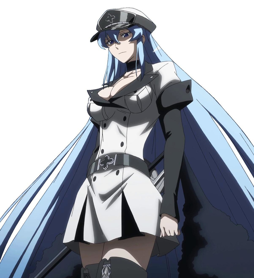 1girl akame_ga_kill! aqua_hair belt blue_eyes blue_hair boots breasts cleavage esdeath esdese hat highres large_breasts legwear long_hair military military_uniform peaked_cap simple_background skirt solo standing sword thigh_boots thighhighs thighs uniform very_long_hair weapon white_background