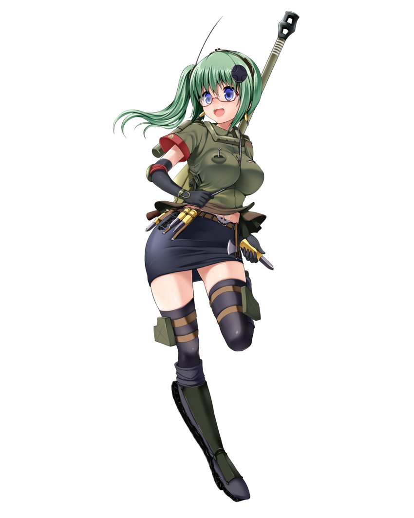 black_gloves black_legwear blue_eyes blush boots breasts cannon earrings elbow_gloves full_body glasses gloves green_hair highres jagdpanther_(personification) jewelry large_breasts miki_purasu military military_uniform miniskirt open_mouth original personification side_ponytail simple_background skirt smile solo tank_shell tank_turret thighhighs uniform white_background world_of_tanks