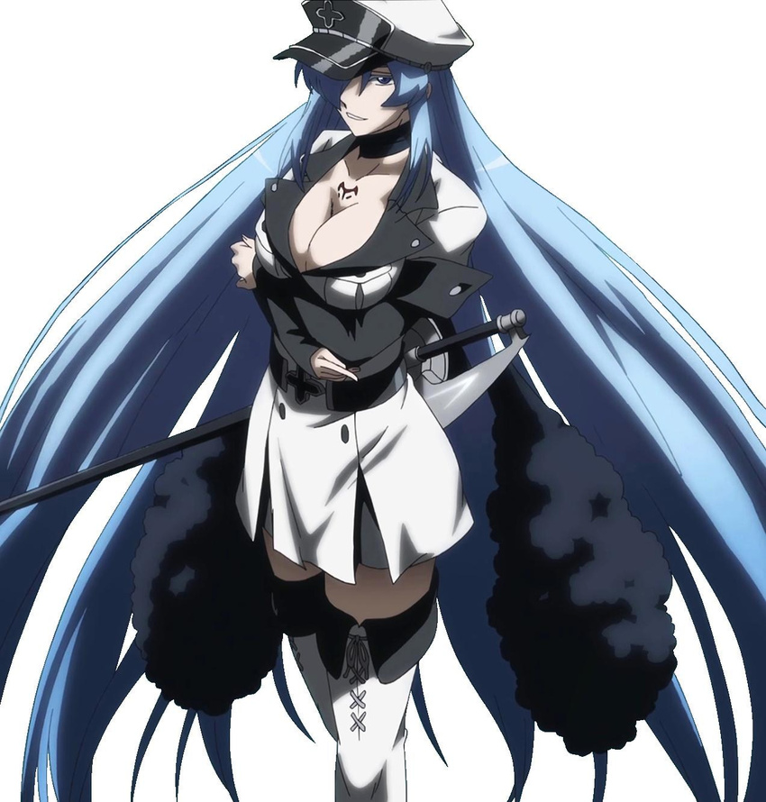 1girl akame_ga_kill! aqua_hair blue_eyes blue_hair boots breasts cleavage esdeath esdese hair_over_one_eye hat highres large_breasts long_hair looking_at_viewer military military_uniform peaked_cap simple_background skirt solo standing sword thigh_boots thighhighs thighs uniform very_long_hair weapon white_background white_legwear