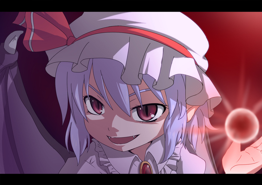 :d anime_coloring bat_wings energy_ball fangs hat hat_ribbon lavender_hair letterboxed mob_cap open_mouth purple_eyes remilia_scarlet ribbon sachishiro_pengin short_hair slit_pupils smile touhou wings