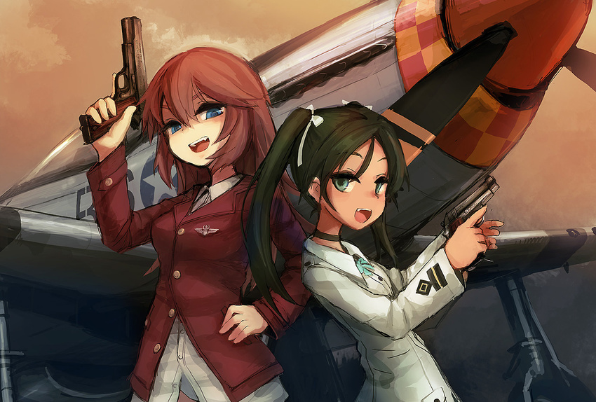 2girls airplane blue_eyes breasts charlotte_e_yeager choker fang francesca_lucchini green_eyes green_hair gun hand_on_hip handgun long_hair m1911 medium_breasts military military_uniform multiple_girls noconol open_mouth orange_hair p-51_mustang shaded_face small_breasts strike_witches traditional_media trigger_discipline twintails uniform weapon