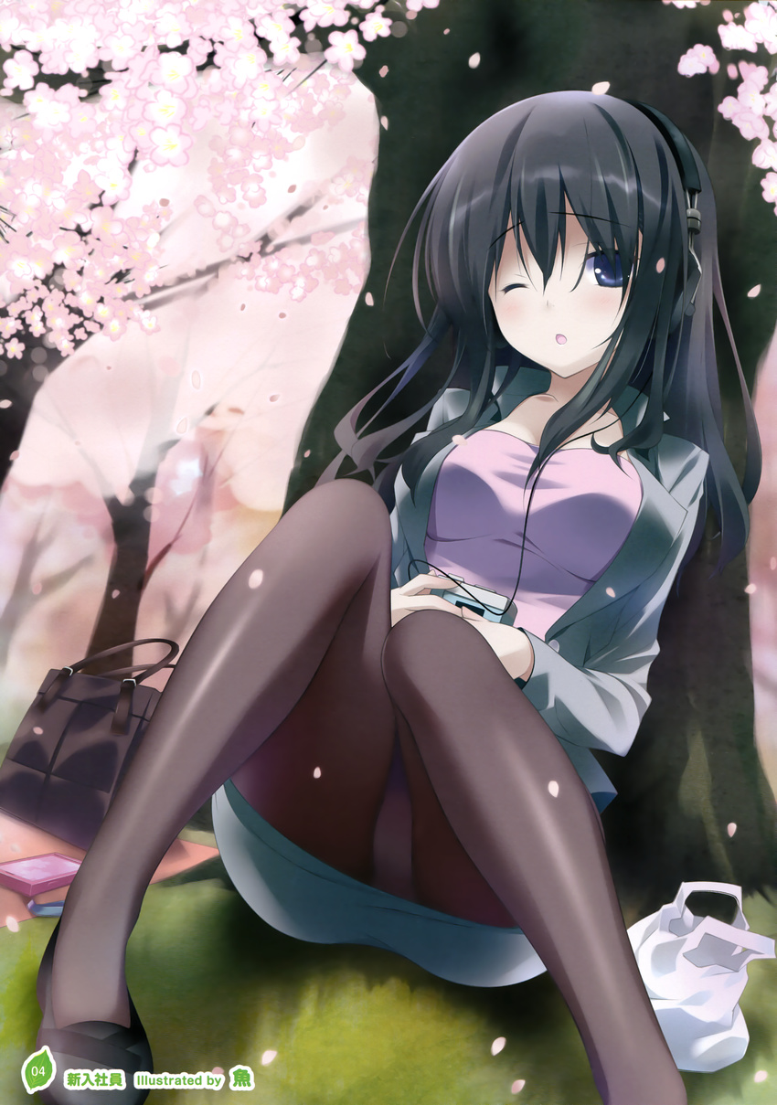 ;o absurdres bag black_hair black_legwear blue_eyes breasts cellphone cellphone_strap cherry_blossoms digital_media_player headphones highres knees_together_feet_apart medium_breasts one_eye_closed panties panties_under_pantyhose pantyhose pantyshot pantyshot_(sitting) phone plastic_bag sakana sitting solo underwear walkman