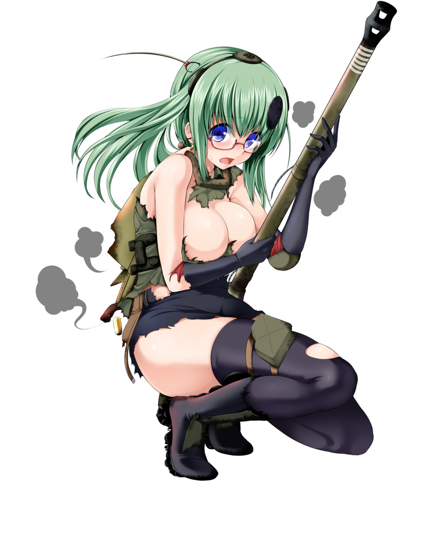 black_gloves black_legwear blue_eyes blush boots breasts cannon earrings elbow_gloves full_body glasses gloves green_hair highres jagdpanther_(personification) jewelry large_breasts miki_purasu military miniskirt open_mouth original personification side_ponytail simple_background skirt solo thighhighs torn_clothes torn_gloves torn_legwear uniform white_background world_of_tanks