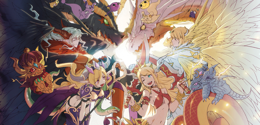 2girls angel archangel_lucifer archdemon_lucifer_(p&amp;d) baddie_(p&amp;d) black_wings blonde_hair carbuncle_(p&amp;d) demon_girl dragon dual_wielding echidna_(p&amp;d) feathered_wings gold_dragon_(p&amp;d) halo halter_top halterneck holding horns indra_(p&amp;d) lamia lilith_(p&amp;d) meer_rowe metal_dragon_(p&amp;d) midriff monster_girl multiple_boys multiple_girls navel pengdra puzzle_&amp;_dragons shynee_(p&amp;d) slime snake sword vritra_(p&amp;d) weapon white_hair wings