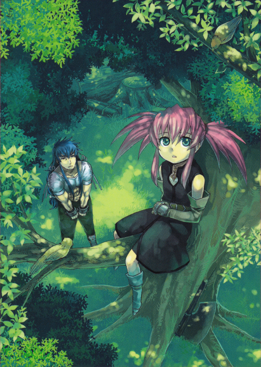 1girl absurdres axe blue_eyes blue_hair cuffs gloves handcuffs highres ichimura_hitoshi long_hair nature pink_hair presea_combatir regal_bryan tales_of_(series) tales_of_symphonia tree twintails weapon