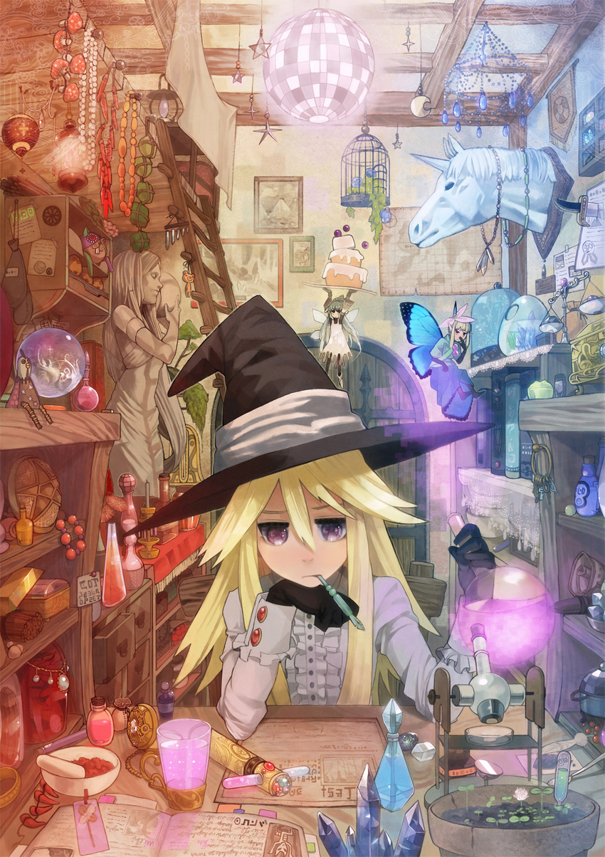 annoyed blonde_hair book cage cake disco_ball fairy flask flower food gloves hat highres jewelry ladder mouth_hold mushroom necklace original pastry pen purple_eyes room round-bottom_flask solo statue tsurusaki_yuu unicorn wings witch witch_hat
