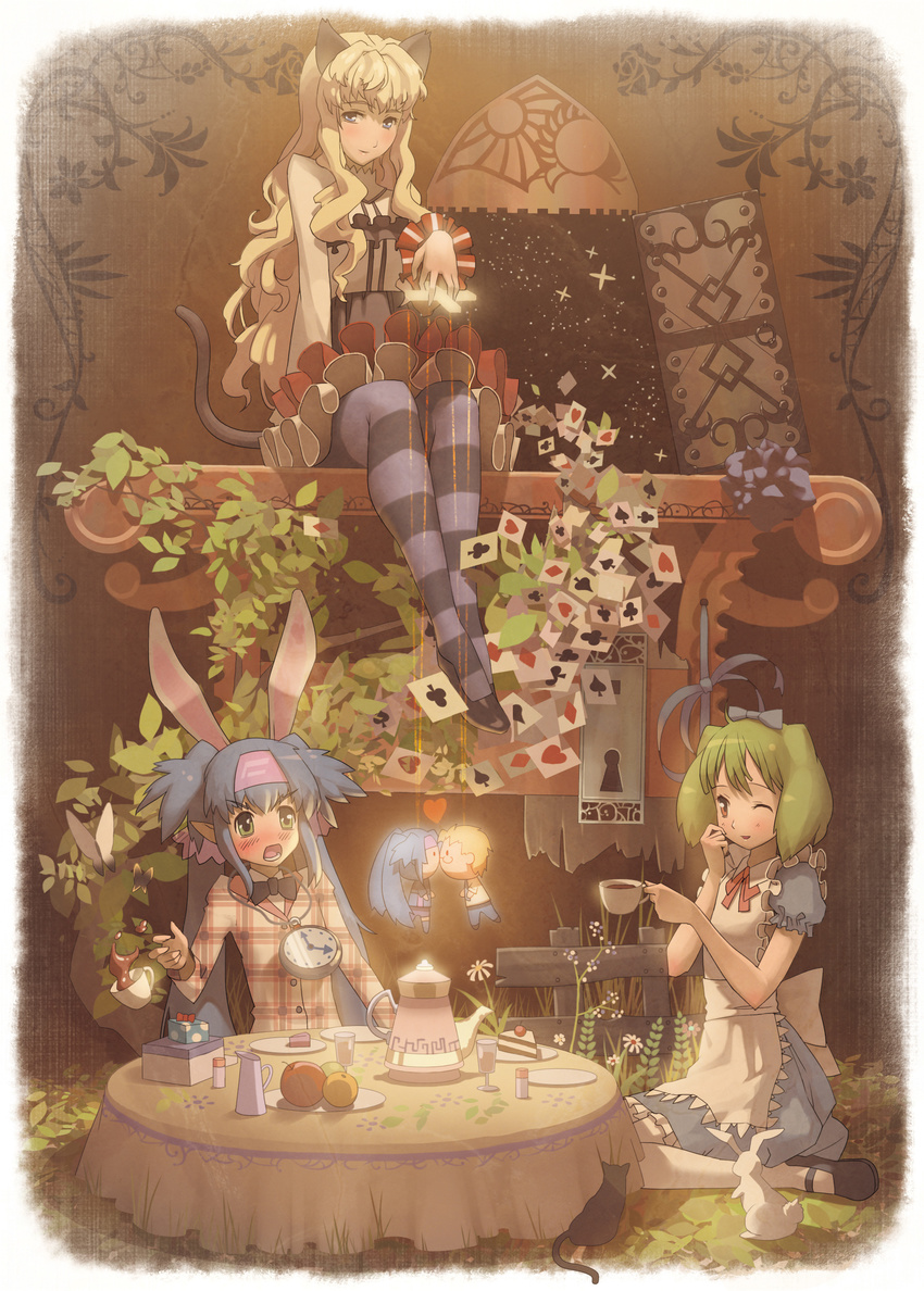 absurdres alice_(wonderland) alice_(wonderland)_(cosplay) alice_in_wonderland animal_ears apron blonde_hair blue_eyes blue_hair blush bow bug bunny bunny_ears butterfly cake card cat cat_ears cat_tail character_doll cosplay creamer_(vessel) cup ddal floating_card food frills fruit gathers gift green_eyes green_hair grey_legwear highres insect klan_klein long_hair macross macross_frontier multiple_girls one_eye_closed pantyhose parody pastry playing_card puppet ranka_lee red_eyes sheryl_nome short_hair star striped striped_legwear table tail tea tea_party teacup teapot white_legwear