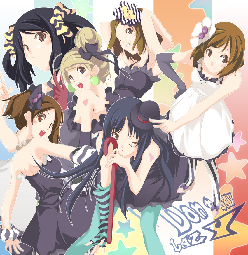 akaho_sakura akiyama_mio aqua_legwear black_hair blue_eyes brown_eyes brown_hair cane don't_say_"lazy" dress earrings elbow_gloves facepaint fingerless_gloves gloves hair_ornament hat highres hirasawa_ui hirasawa_yui jewelry k-on! kotobuki_tsumugi long_hair mini_hat mini_top_hat multiple_girls nakano_azusa one_eye_closed pantyhose short_hair striped striped_legwear tainaka_ritsu top_hat vertical-striped_legwear vertical_stripes