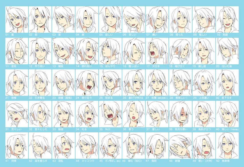 absurdres arita_youko chart expressions final_fantasy final_fantasy_iii highres long_hair luneth male_focus ponytail purple_eyes translated white_hair
